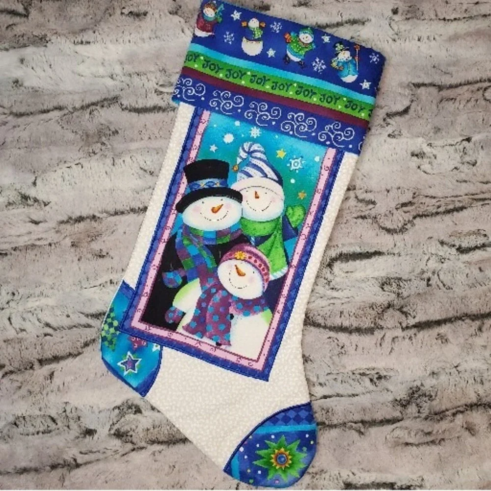 Joy Snowman Family Winter Snowflake Christmas 17 Inch Stocking Green Blue Purple